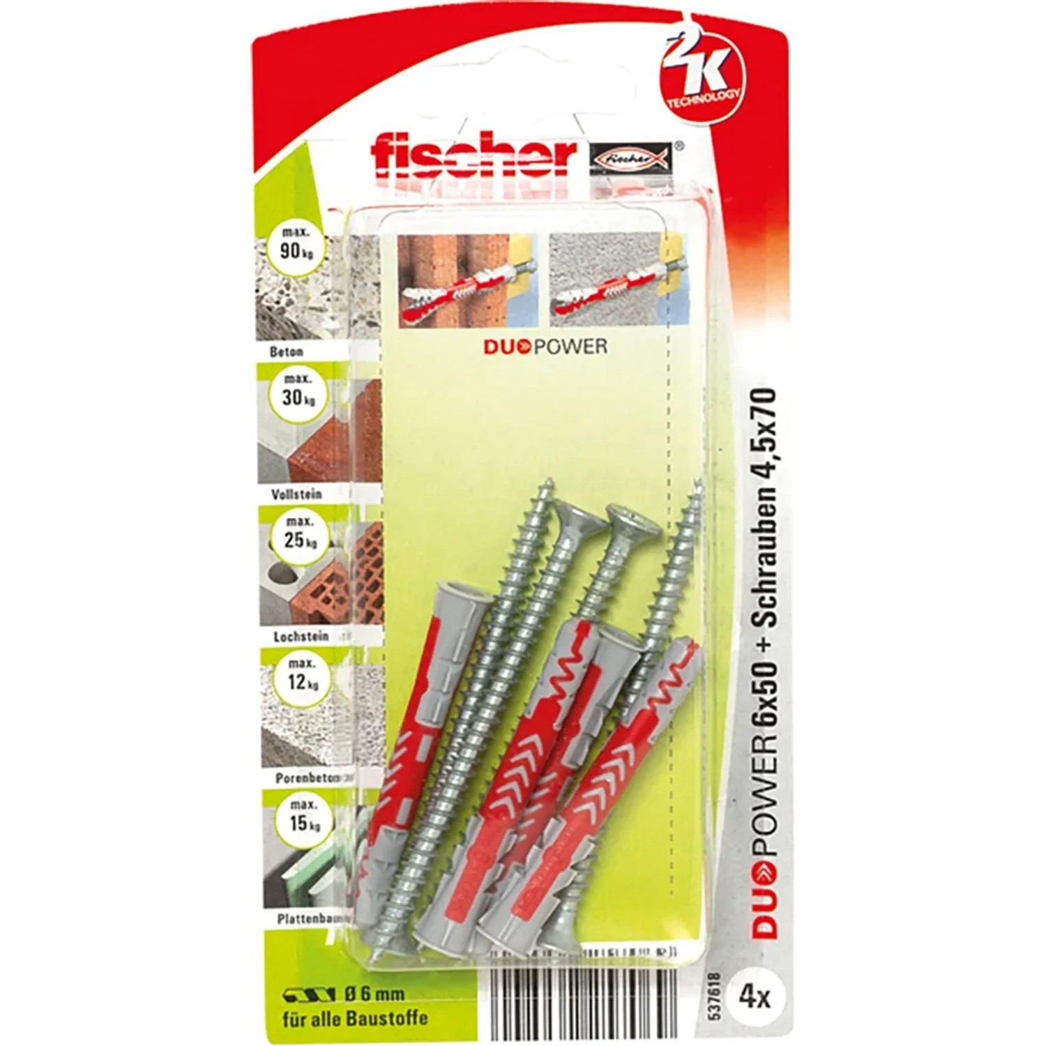Fischer Duopower 6x50 tasselli con viti, set da 4. Tasselli universali per fissaggi sicuri in diversi materiali.