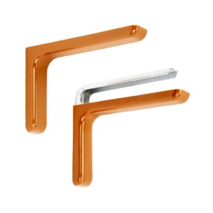 Due staffe per mensole arancioni per scaffali a muro.