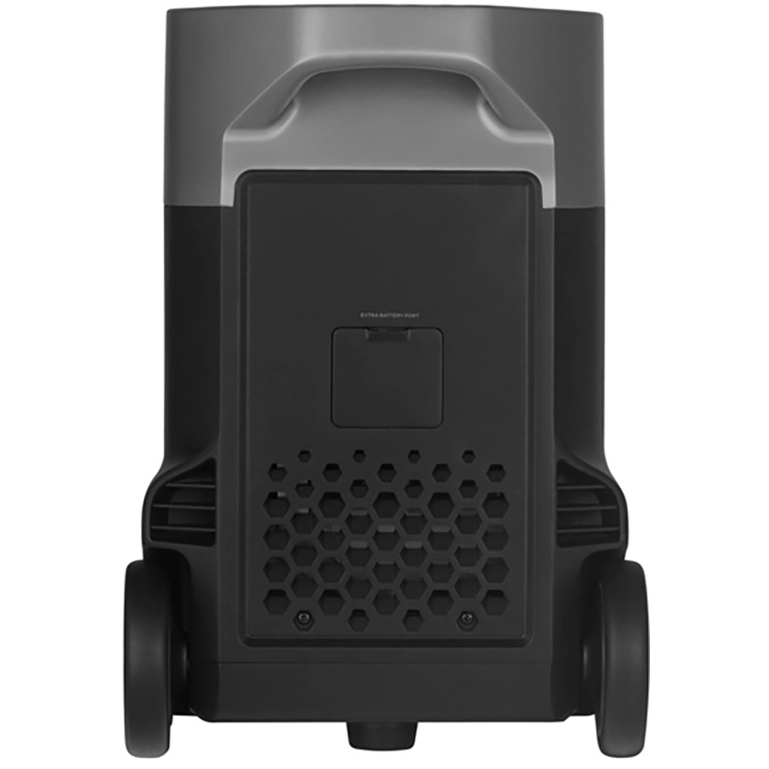 Batteria aggiuntiva EcoFlow Delta Pro 3600Wh nero-grigio, vista posteriore con ruote e griglia di ventilazione.