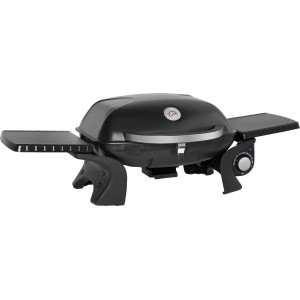 Grill elettrico nero Jamestown EQ01 con termometro sul coperchio e tavolini laterali.