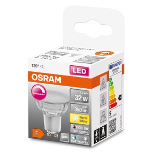 Lampadina LED GU10 Osram, dimmerabile, luce calda, 4.1W, nella confezione.