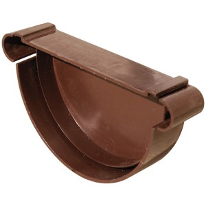 Grondaia in plastica marrone, primo piano. Accessorio per grondaie e drenaggio del tetto.