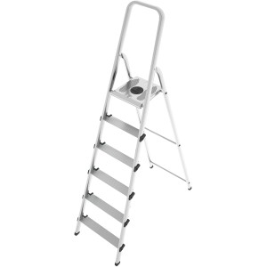 Scala domestica argentata con cinque gradini e maniglione di sicurezza. Ideale per interni.