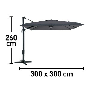 Ombrellone a braccio Moga, Ø 300 cm, grigio, con dimensioni di altezza e diametro.