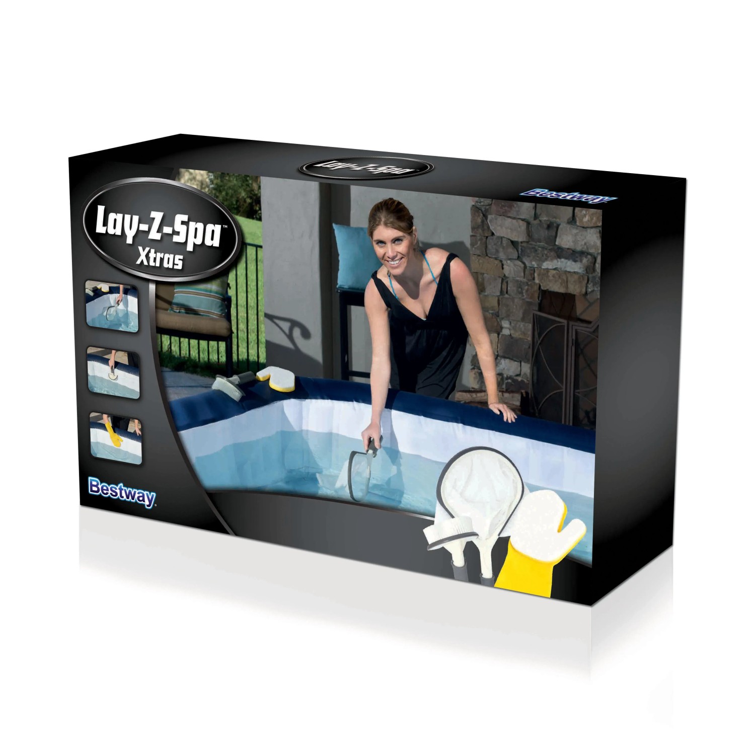 Confezione del set di accessori Lay-Z-Spa Xtras per piscine, con retino e guanto di pulizia.