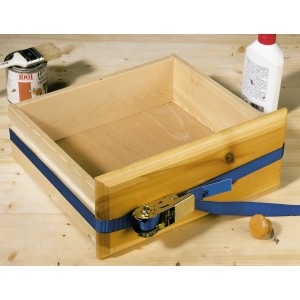 Scatola di legno fissata con cinghia a cricchetto blu, pezzo unico, 25 mm x 5 m.