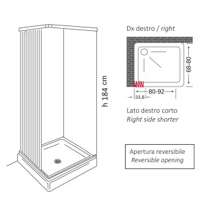 Disegno tecnico di un box doccia con misure e dettagli di montaggio.