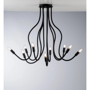 Lampada da soffitto Lover Luce Design nera a 9 luci, Ø 20 cm, con bracci flessibili.