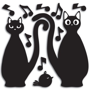 Adesivo da parete con due gatti neri, uccello e note musicali. Decorazione murale per la cameretta.