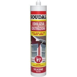 Cartuccia di silicone Soudal bianca per edilizia. Ideale per vetro, muratura, alluminio, PVC e grondaie.