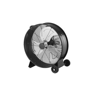 Ventilatore t.b.t. nero con ruote per un uso flessibile.
