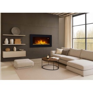 Camino decorativo elettrico t.b.t. con effetto fiamma in soggiorno moderno.