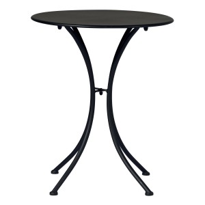 Tavolino da giardino nero con piano rotondo e struttura in metallo.