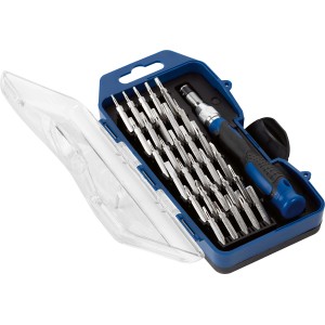 Set di precisione LUX, 32 pezzi, con inserti, manico e prolunga in scatola di plastica.