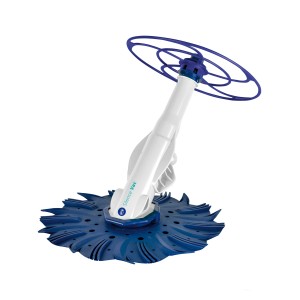 Pulitore automatico per piscina Gre bianco per pareti e fondo con testina blu e elementi ruota blu.