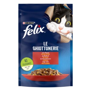 Felix cibo umido per gatti in gelatina con manzo, alimento completo.