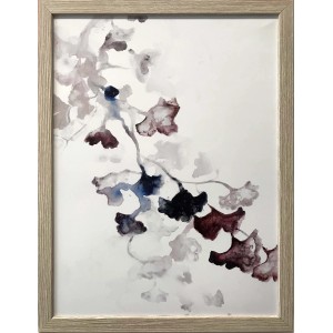 Quadri t.b.t. con motivo astratto di foglie nei toni del marrone e del blu in cornice di legno.