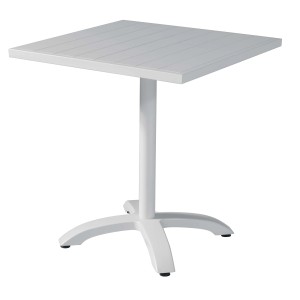 Tavolo da giardino quadrato bianco con gamba centrale e base a croce.