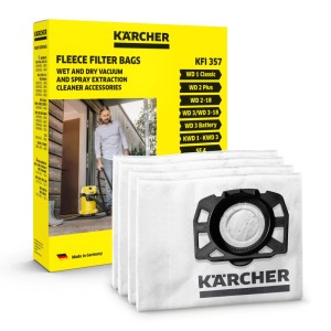 Quattro sacchetti filtro in vello Kärcher bianchi, resistenti, per aspirapolvere a umido/secco. Confezione per WD e SE.