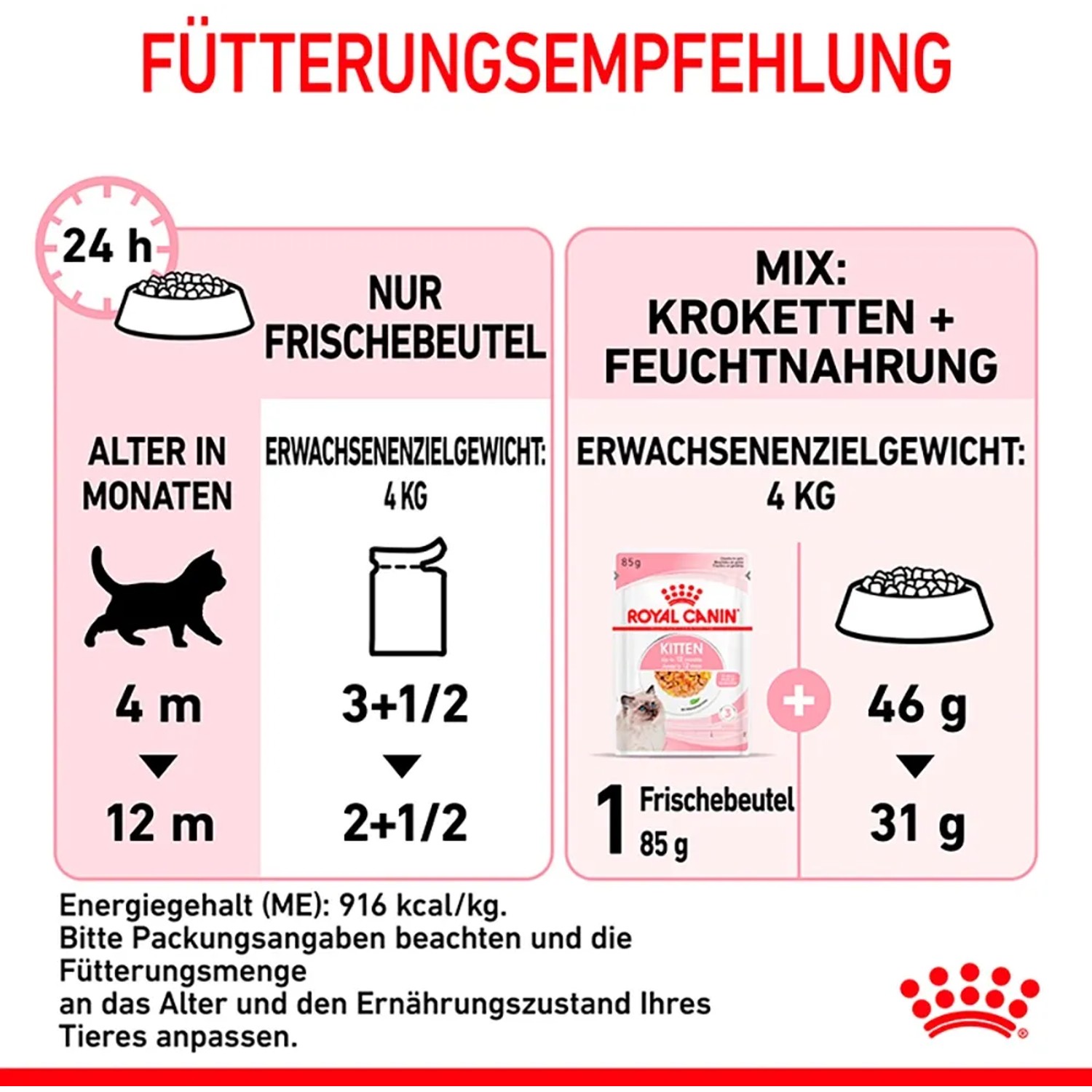 Guida all'alimentazione per Royal Canin Kitten cibo umido in gelatina, 85g.