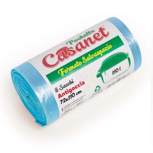 Rotolo di sacchi per pattumiera Casanet azzurri, 110L, 8 pezzi, confezione salvaspazio.