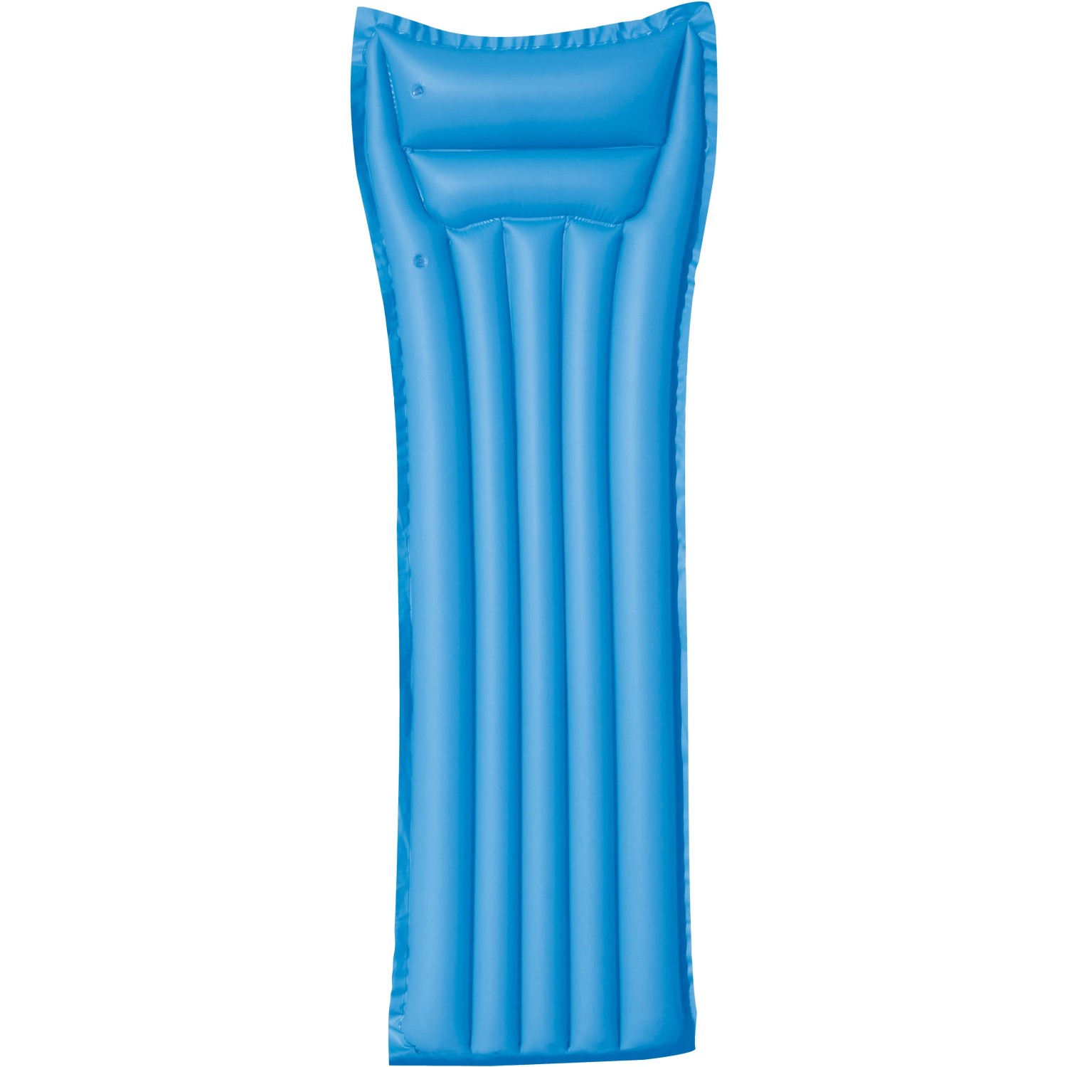 Materassino gonfiabile blu con cuscino per piscina o lago.