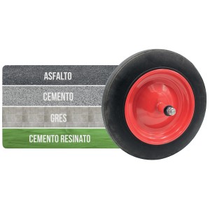Ruota con cerchio rosso e pneumatico nero, adatta a varie superfici.