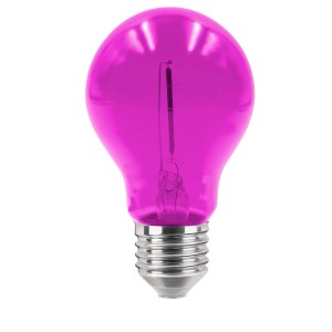 Lampadina LED E27 t.b.t. rosa con vetro trasparente per illuminazione d'atmosfera.