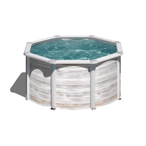 Piscina rotonda Gre Finlandia con look nordico, Ø 240 cm, bianco nordico. Piscina con pareti in acciaio e decoro legno.