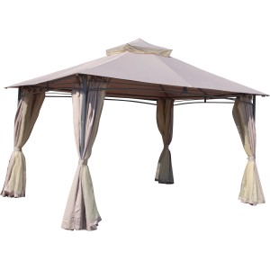 Gazebo beige con tende. Ideale per giardino e terrazza.