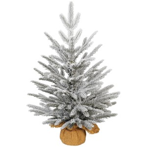 Piccolo albero di Natale artificiale innevato in sacco di iuta per decorazioni festive.