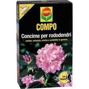 Concime per rododendri COMPO per azalee, ortensie ed eriche. Confezione con fiori rosa.