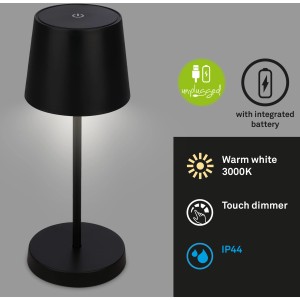 Lampada da tavolo a batteria Brilo nera, dimmerabile, per interni ed esterni. Luce decorativa con ricarica USB.