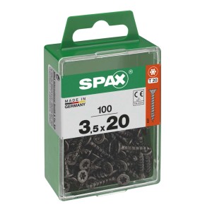 Viti SPAX nere 3,5x20 mm in scatola verde, adatte per diversi fissaggi.