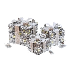Scatole regalo decorative e luminose per interni, realizzate con rami e decorate con fiocchi.