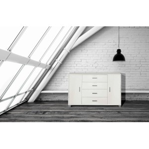 Mobile archivio t.b.t. chiaro con cassetti e ante su muro di mattoni bianchi.