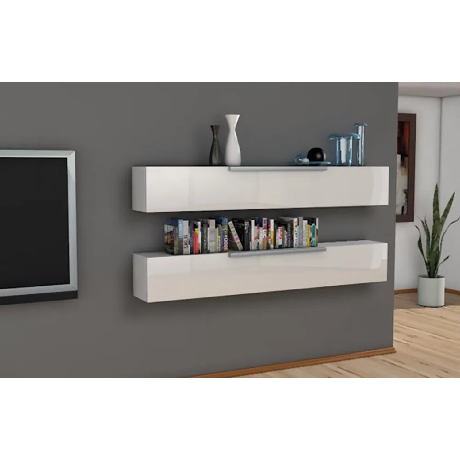 Mensole a muro bianche come Tasselli con decorazioni e libri su parete grigia.
