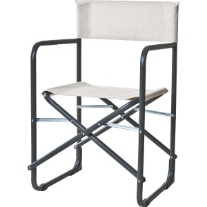 Sedia da regista con struttura in metallo grigio e tessuto beige.