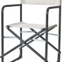 Sedia da regista con struttura in metallo grigio e tessuto beige.