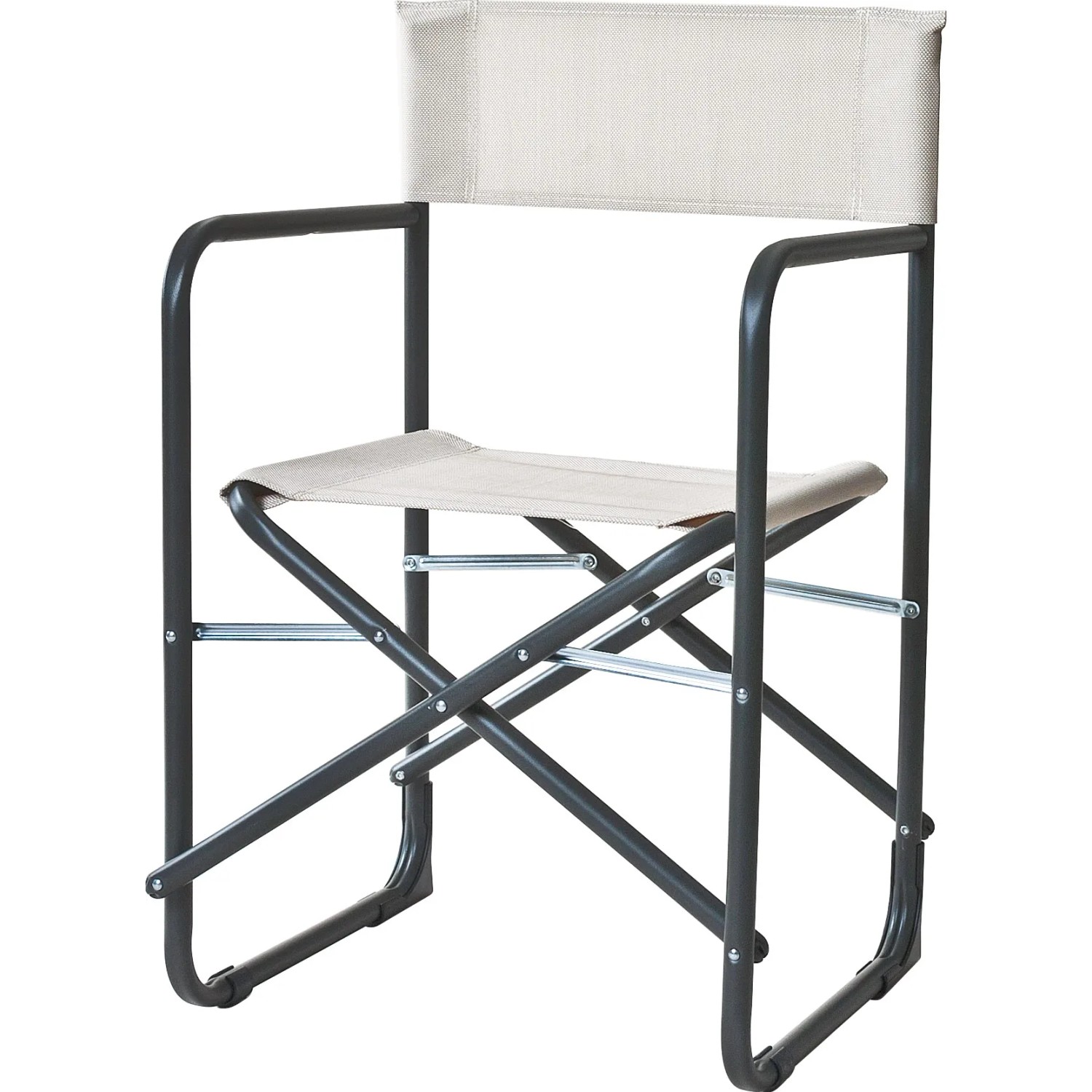 Sedia da regista con struttura in metallo grigio e tessuto beige.