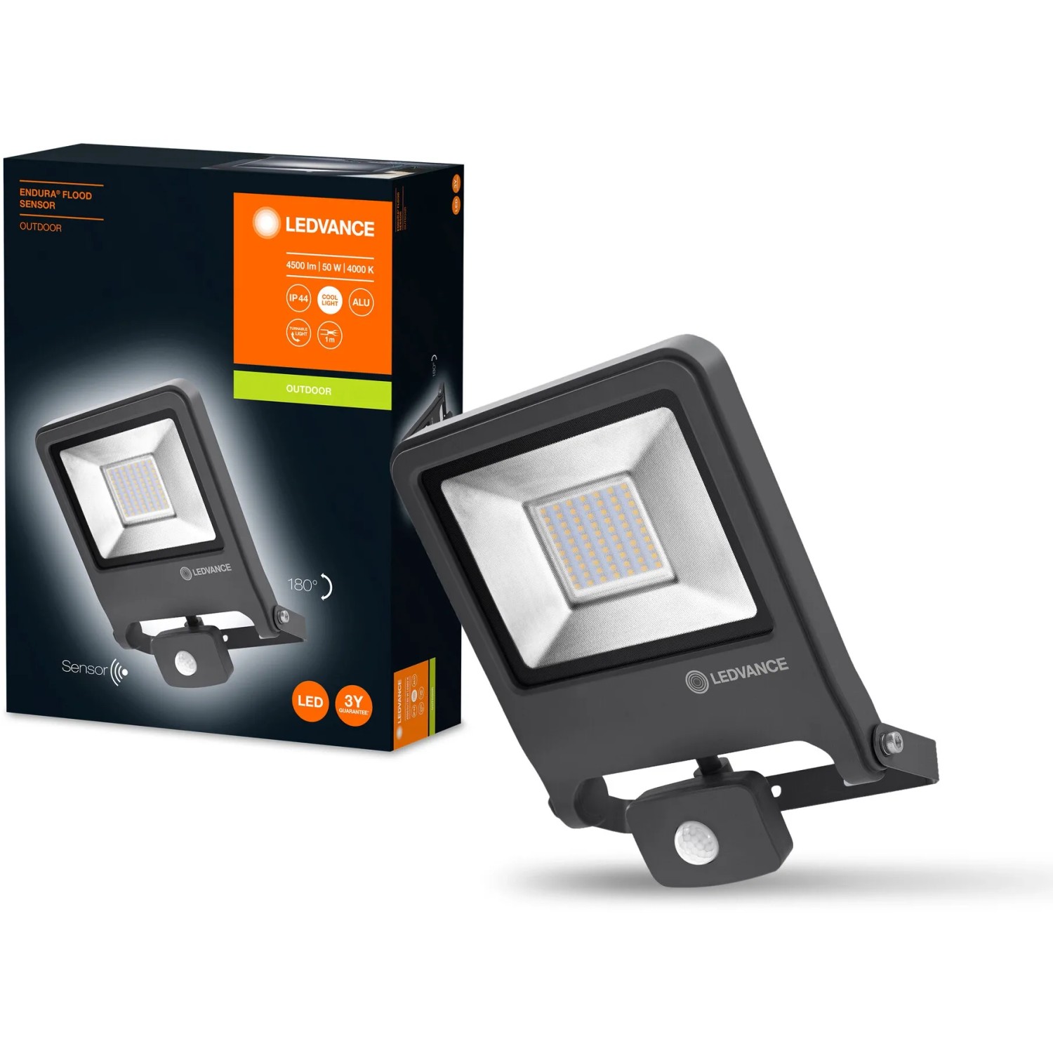 Faretto da esterno a LED Ledvance Endura Flood con sensore, 50W, grigio scuro. Luce esterna con rilevatore di movimento.