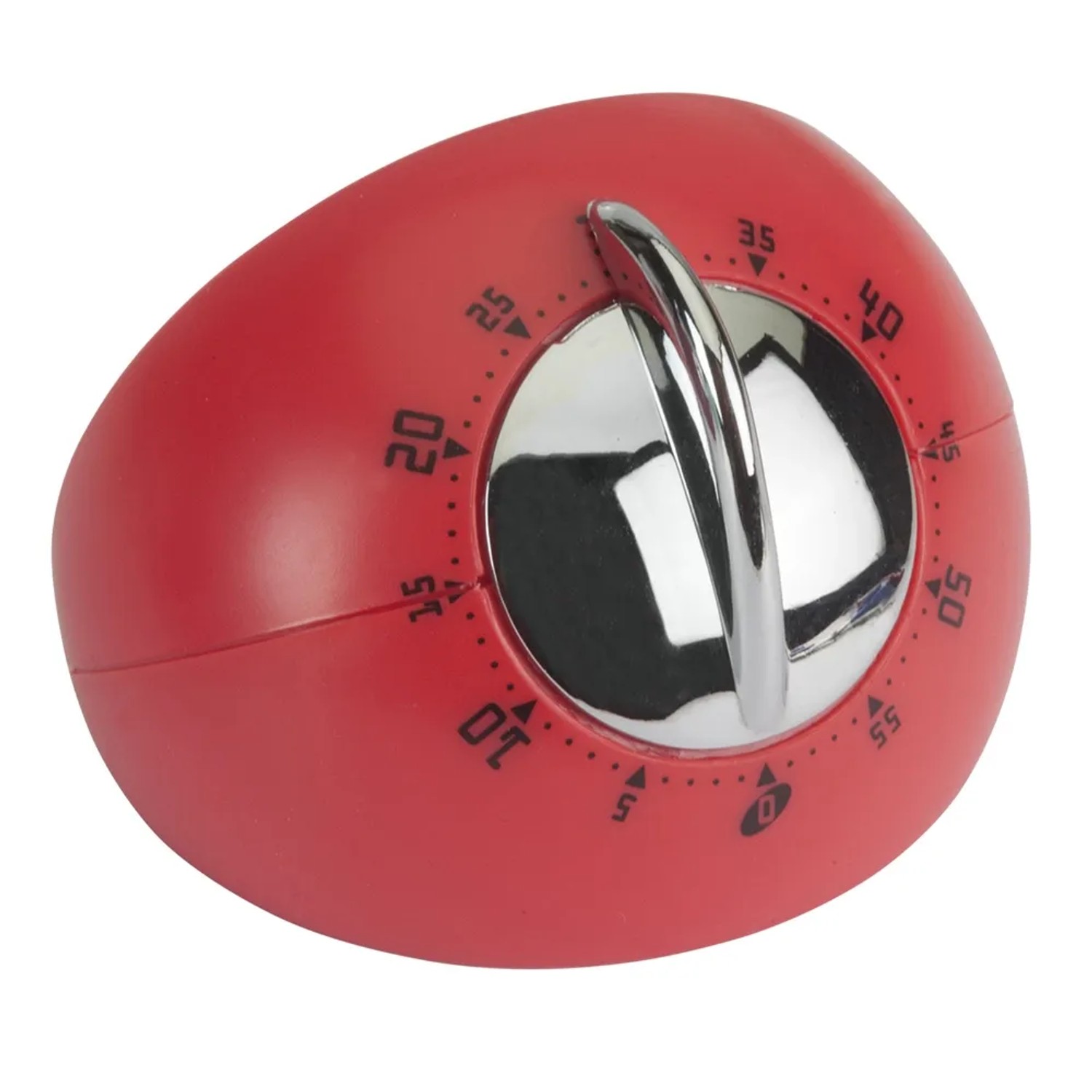 Timer da cucina rosso a forma di uovo con dettagli cromati.