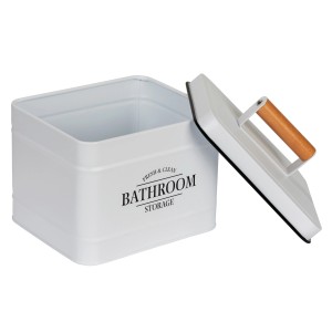 Box da bagno bianca Wenko Pali con coperchio e manico in bambù, 18x16x15,5 cm, per riporre oggetti in bagno.