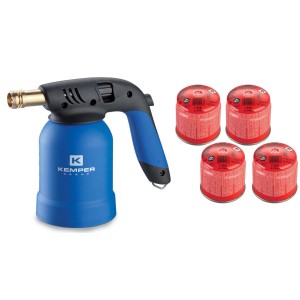 Cannello a gas blu con quattro cartucce di gas rosse, accessori per saldatura.
