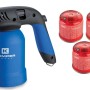 Cannello a gas blu con quattro cartucce di gas rosse, accessori per saldatura.