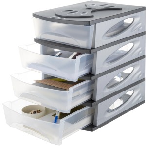 Cassettiera t.b.t. con quattro cassetti trasparenti e telaio grigio.