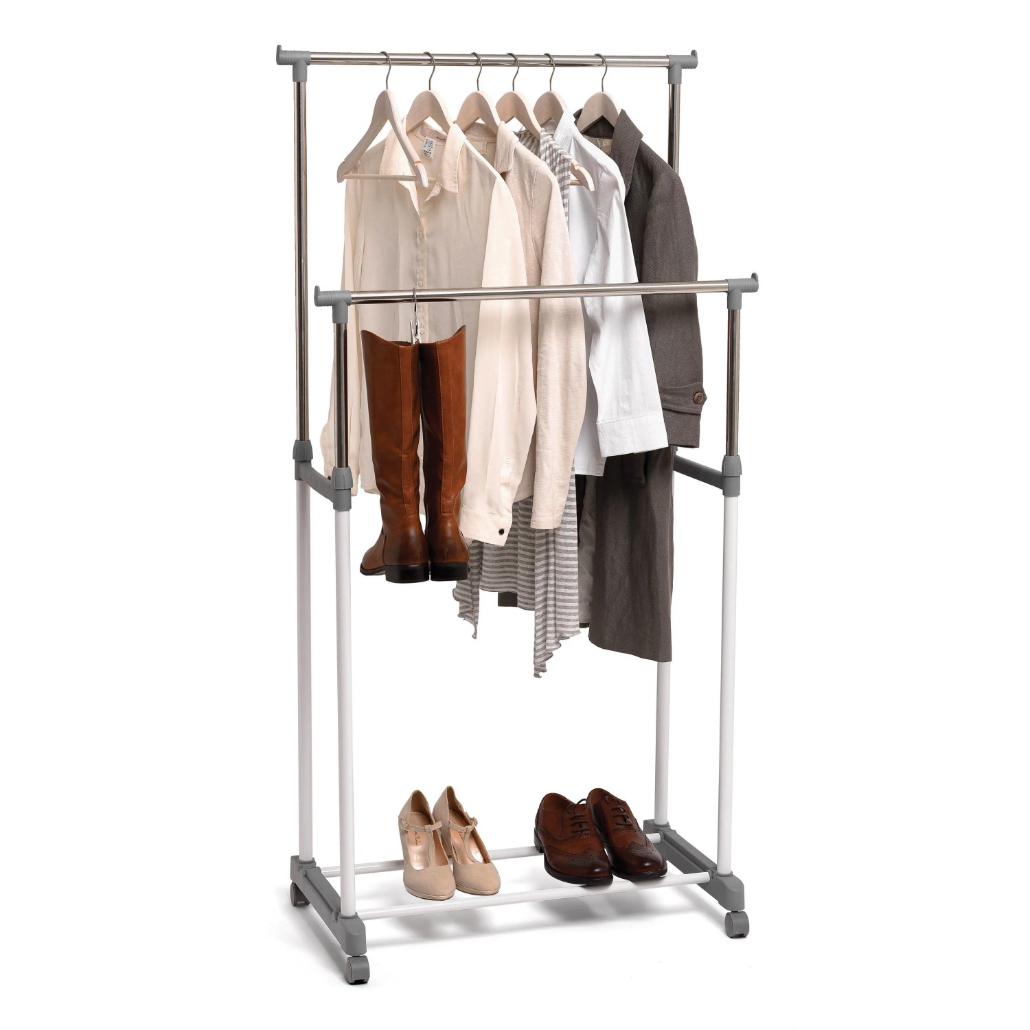 Appendiabiti regolabile con vestiti e scarpe. Organizer armadio.