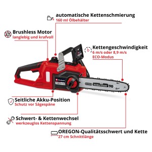 Motosega a batteria Einhell Power X-Change Fortexxa 18/30: motosega rossa compatta con barra e catena Oregon.