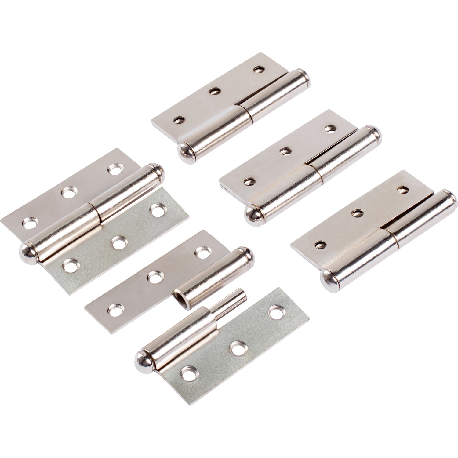 Set di 5 cerniere nichelate, a sgancio rapido, semi-larghe, sinistre, 50x40 mm, per collegamenti flessibili.