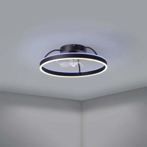 Plafoniera LED moderna t.b.t. con forma rotonda e ventilatore integrato.